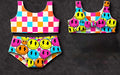Two-Piece Swimsuit- Reversible in Cotton Candy Checkered + Cotton Candy Smiley Face