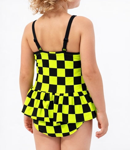 Neon Green Checkered Bow Swimsuit – Toddler & Girls Swimwear