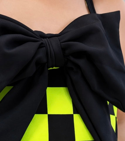 Neon Green Checkered Bow Swimsuit – Toddler & Girls Swimwear