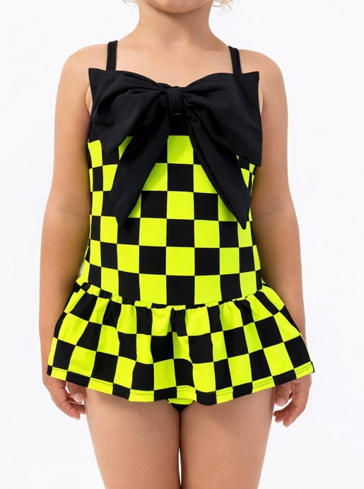 Neon Green Checkered Bow Swimsuit – Toddler & Girls Swimwear