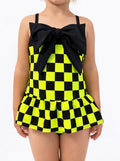 Neon Green Checkered Bow Swimsuit – Toddler & Girls Swimwear