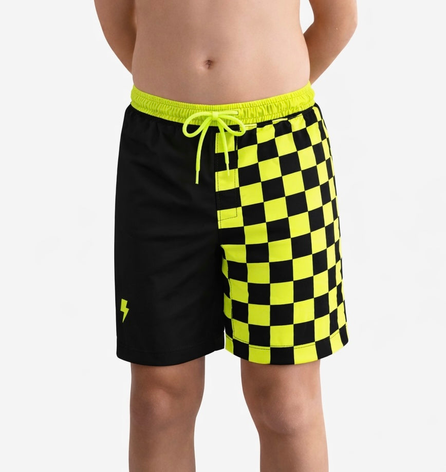 Neon Green Checkered Swim Shorts – Kids