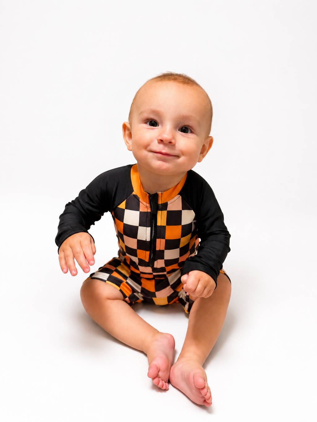 One Piece Rash Guard Swim in black + sherbet checkered