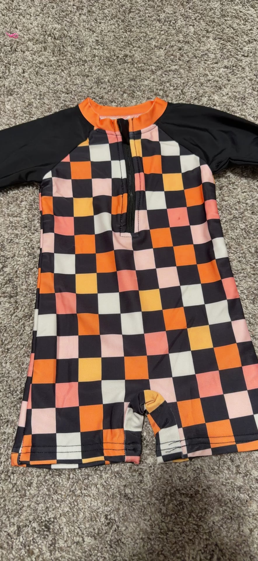 One Piece Rash Guard Swim in black + sherbet checkered